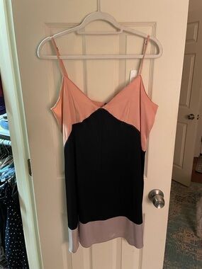 Colorblock Satin Camisole Slip Dress in Pink, Black & Gray